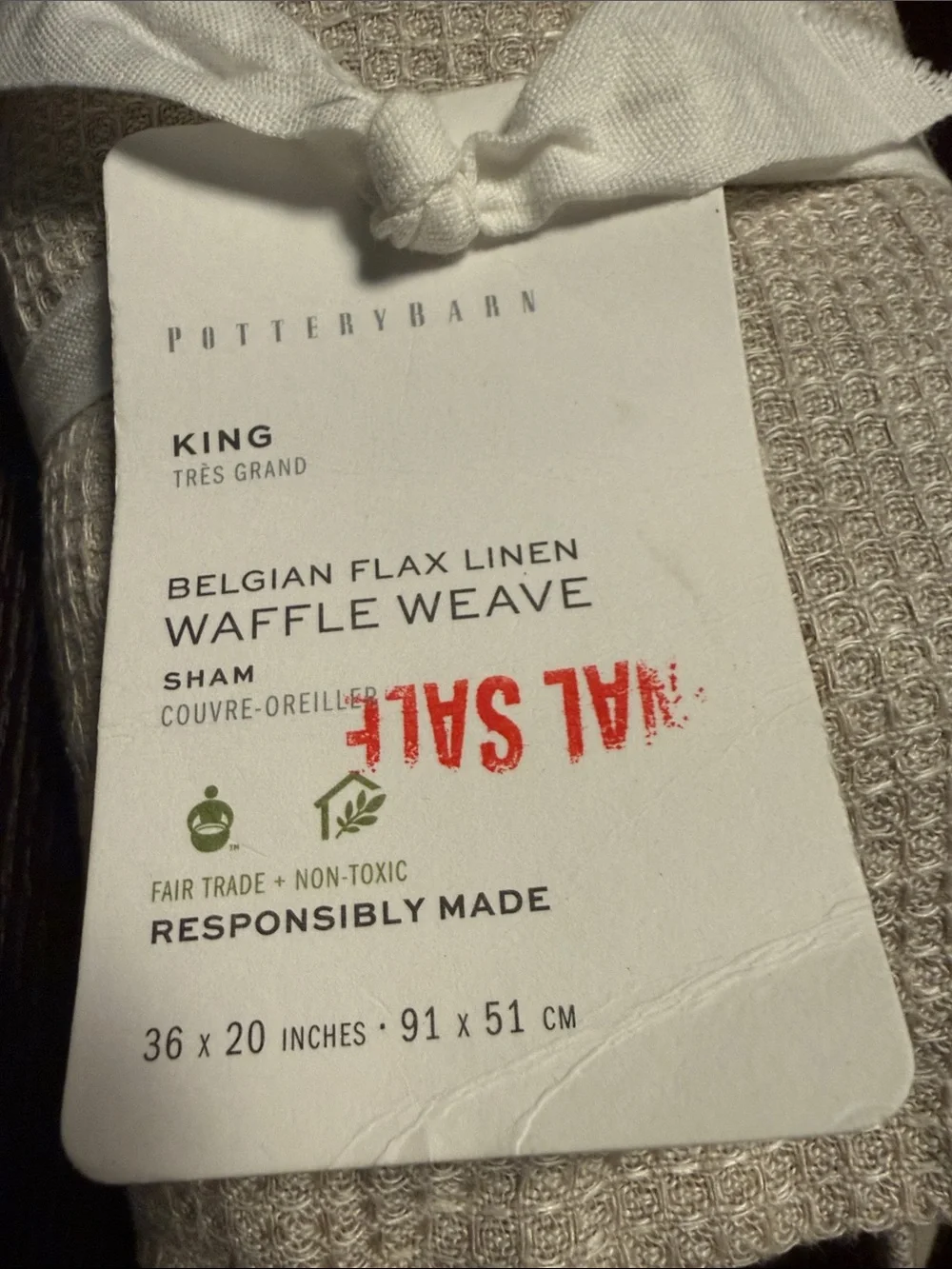 Pottery Barn Belgian Flax Linen Waffle Weave King Pillow Sham